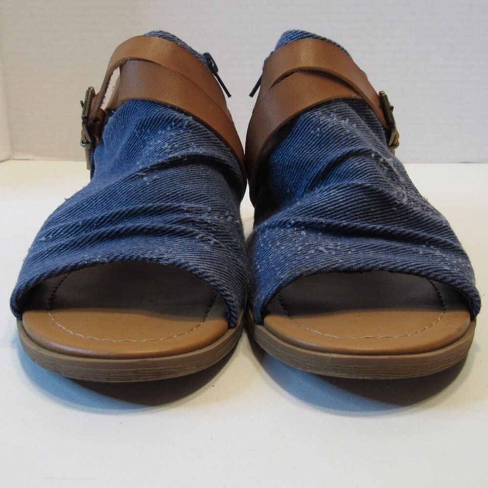 Women's Soda Blue Denim Open Toe Sandals Brown Buckle Strap Side Zipper Size 6 - Picture 2 of 8